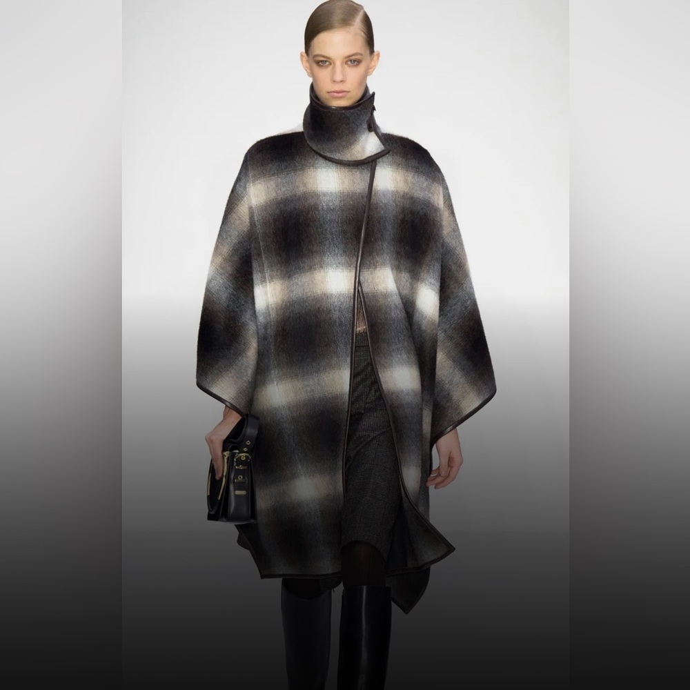 Salvatore Ferragamo Black Gray and Cream Plaid Wool Cape